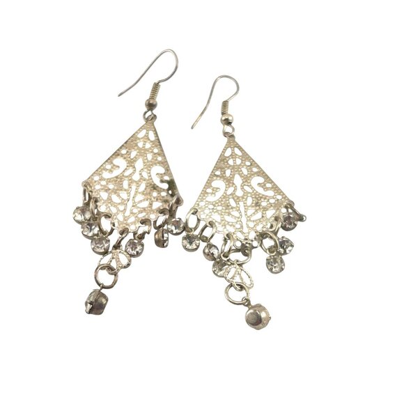 Vintage Silver Filigree Triangle Dangle Earrings Statement Boho Tribal Jewelry - Picture 4 of 8